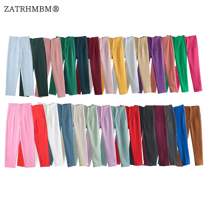 

ZATRHMBM 2022 Women Fashion High Waist Straight Pants Vintage Side Pocket Zipper Fly Slim Fit Female Trousers Mujer