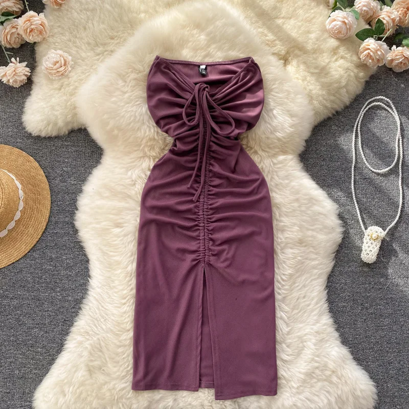 

Summer New Tube Top Folds Simple And Versatile Feminine Off-the-shoulder Irregular Bag Hip Sexy Pure Desire Style Dress Female