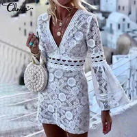 celmia flare sleeve deep v neck short vestidos hollow out stitched lace women perspective mini dress 2022 fashion sexy sundress