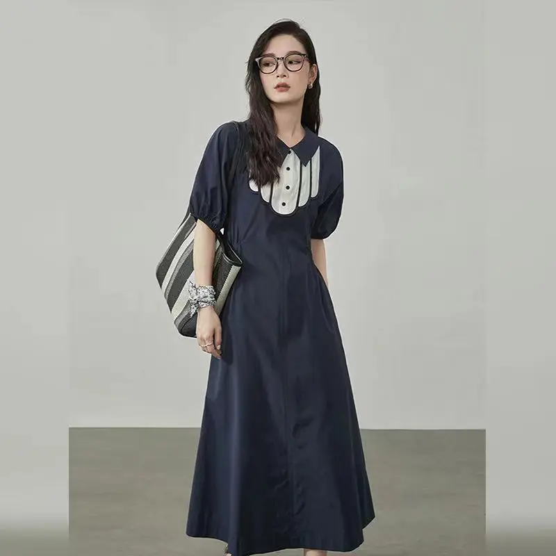 

POLO Collar Panel Waist Pulling Dress for Women's 2023 Summer New Simple Commuting Unique Design Feeling Slim A-line Long Dress~