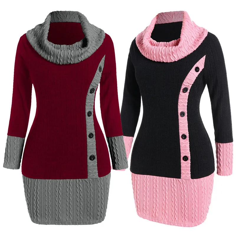 

ROSEGAL Plus Size Cowl Neck Cable Knit Bodycon Mini Dresses Fashion Women Winter High Waist Colorblock Sweater Dress Robe S-5XL