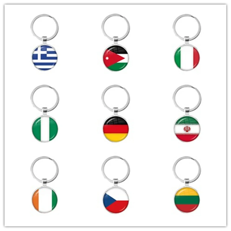 

National Flag Glass Cabochon Keychain Greece,Jordan,Italy,Nigeria,Germany,Iran,Czech Republic,Lithuania Key Ring Key Holder