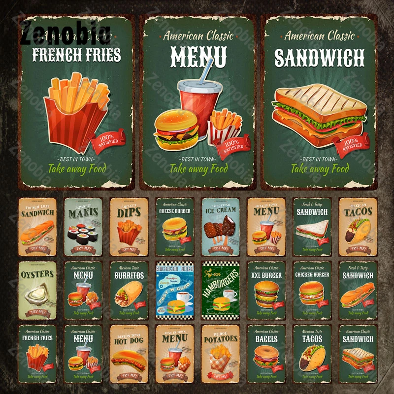 

Food Metal Sign Hot Dog Burger Ice Cream Sushi Menu Tin Signs Restraunt Decoration Decorative Tin Plate Kitchen Cafe Wall Decor