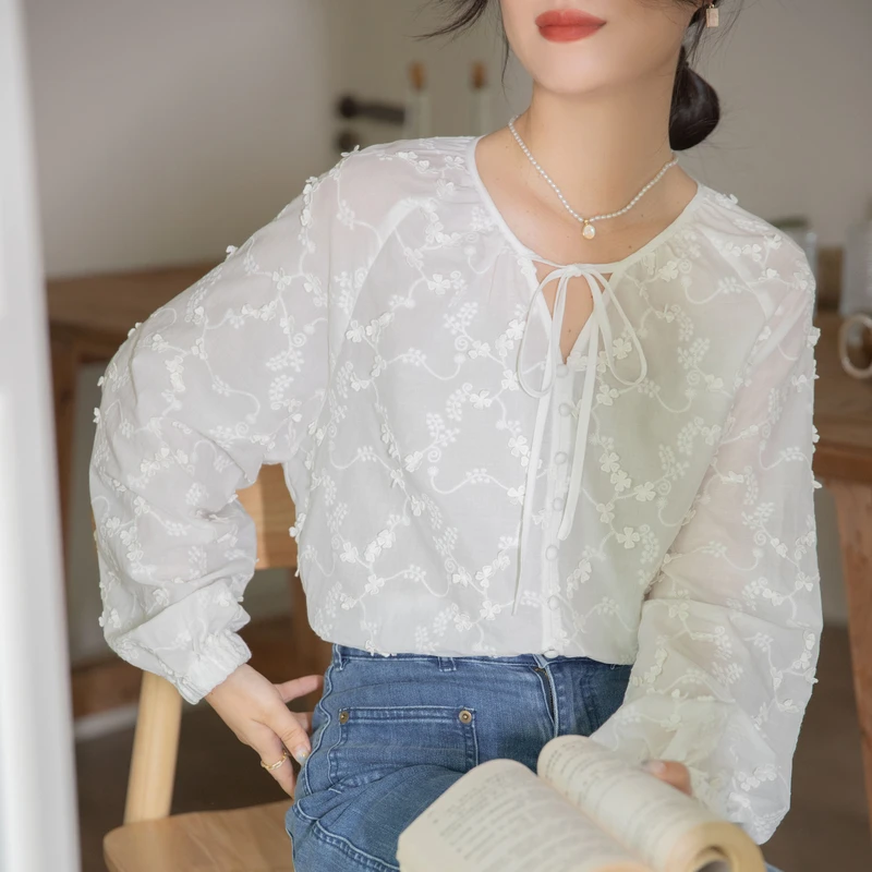 

Fashion Woman Blouse 2023 Korean Holiday Casual Lace Shirt Embroidery Three-dimensional Flower Long Sleeve Women's Shirt