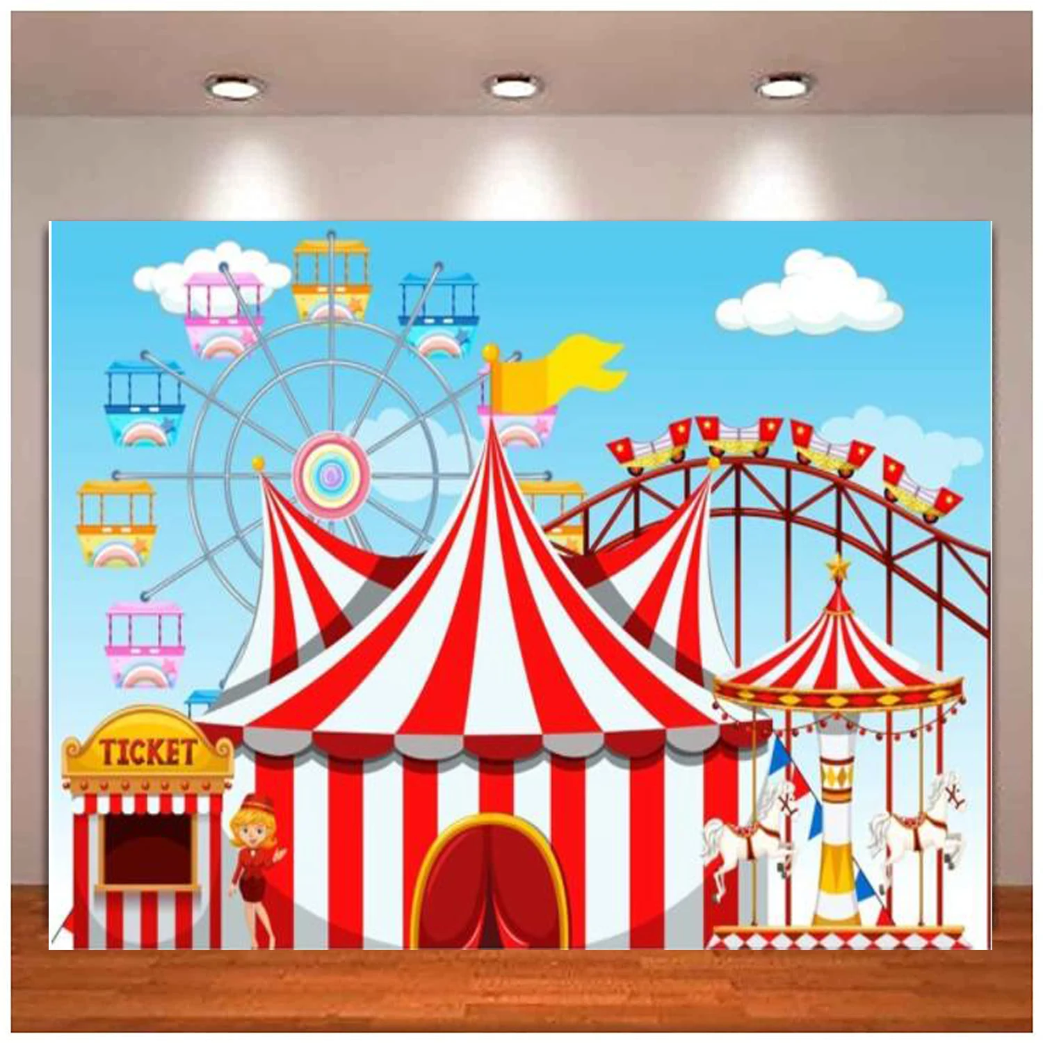 

Цирк палатка фотография Фон колесо обозрения карусель американские горки парк развлечений фон день Рождения Вечеринка Baby Shower