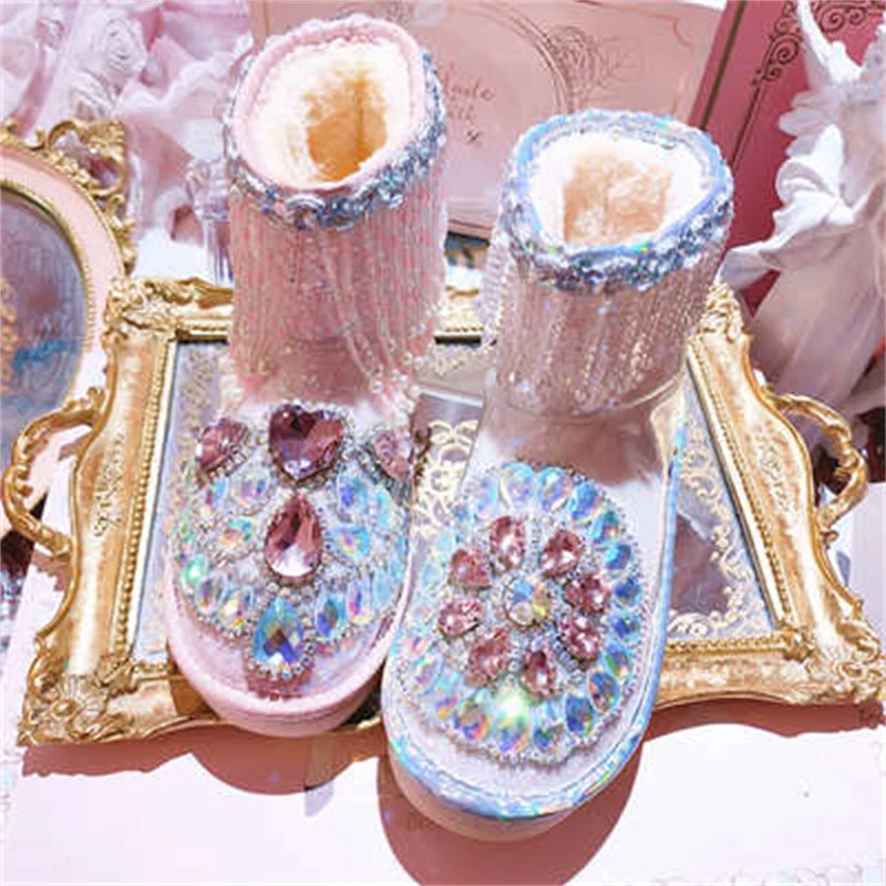 

Flat bottom anti-middle tube and leg boots handmade custom gem rhinestone tassel slip warm comfortable snow boots 35-40