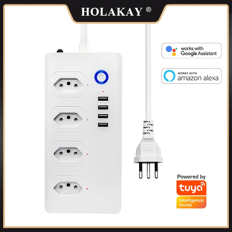 

Tuya Wi-Fi 4 Individual Line Filter Circuit Breakers 10A Plug, 4 Socket 2.1A USB Charger, Smart Power Plug Sockets