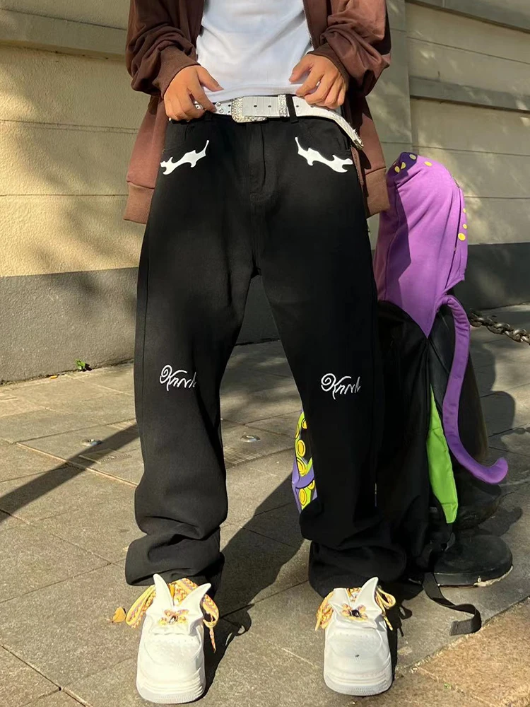 Men's Printed Loose Casual Jeans Y2K Streetwear Clothes High Waist Straight Denim Trousers Baggy Wide Leg Long Pants Solid Color
