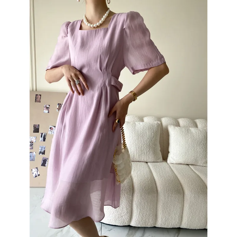 

Women Square Neck Slim Waist Dress Summer Puff Sleeve High Waist Solid A-line Elegant Casual Midi Dresses Office Lady Vestidos