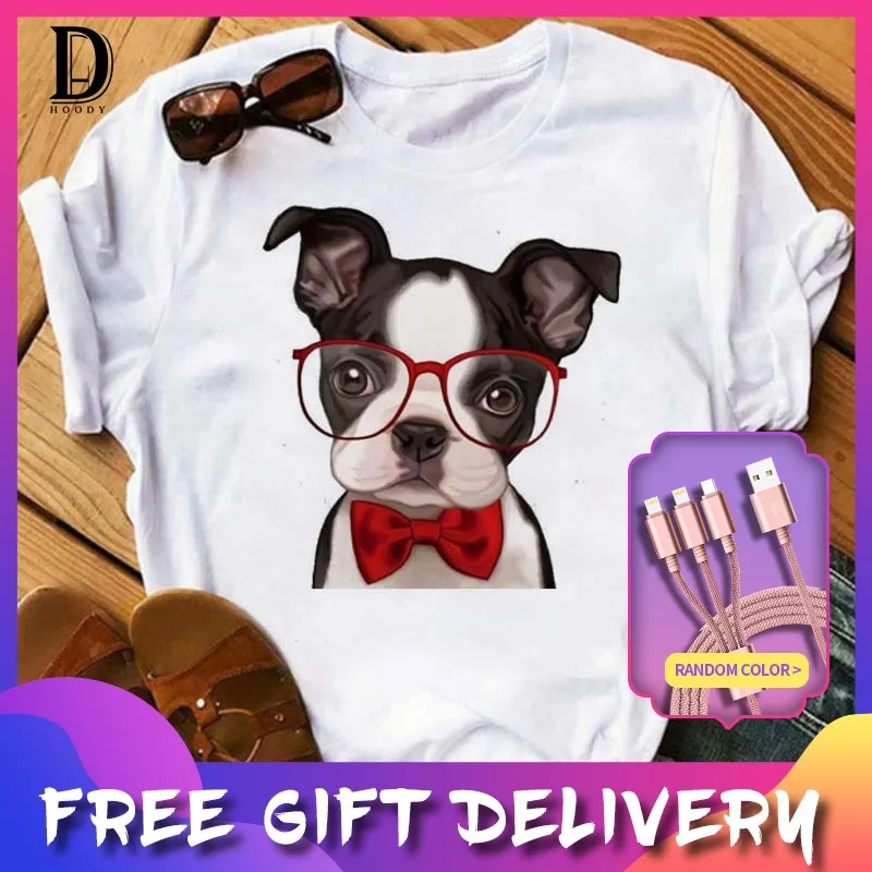 

Новинка 2022, футболка с принтом симпатичных собак и очков, женские свободные футболки, летний топ с коротким рукавом и круглым вырезом в стил...