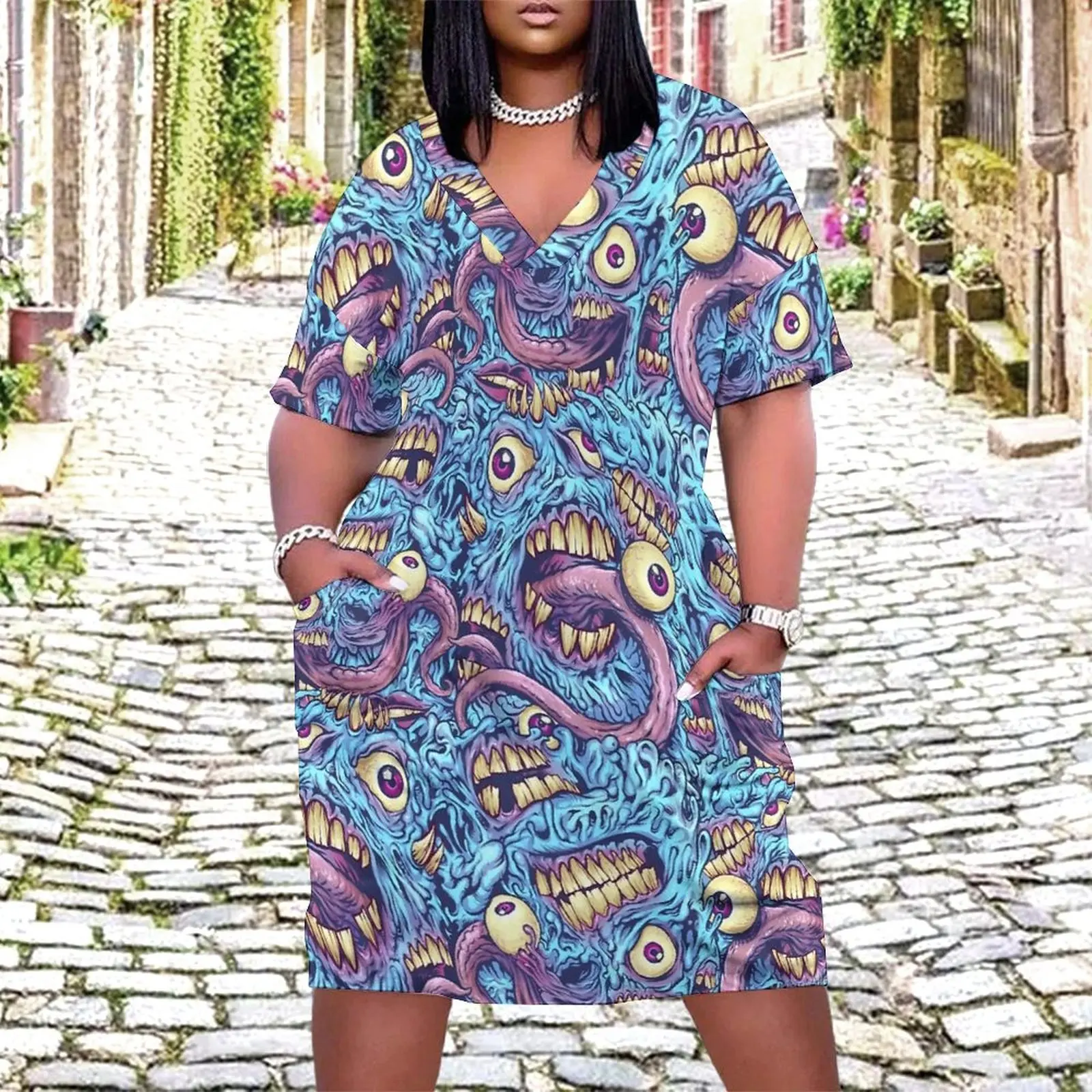 

Платье женское с карманами, свободное классическое платье с рисунком глазных Яблоков и зубов, выпускной