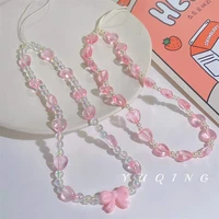 sweet and cute pink heart mobile strap phone chains for women pearl chain cellphone pendant charm key anti lost lanyard jewelry