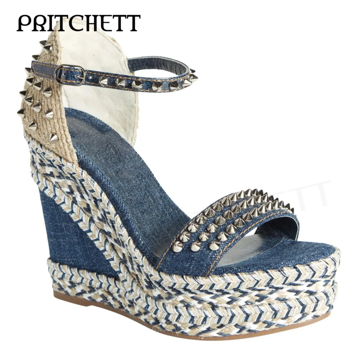 Blue Denim Woven Wedge Sandals Fashion Rivet Strap Open Toe High Heel Sandals Ankle Buckle Fashion Party Shoes for Women