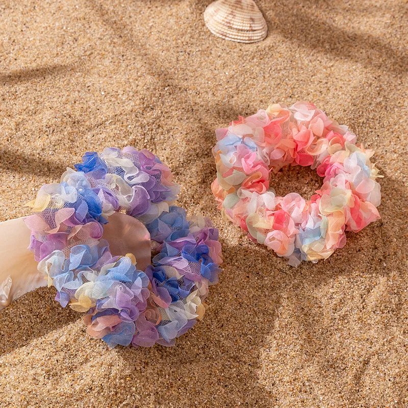 

Fashion Hawaii Lace Flower Hair Scrunchies Summer Vacation Elastic Head Band Women Boho Colorful Hair Band Ponytail Rope Band