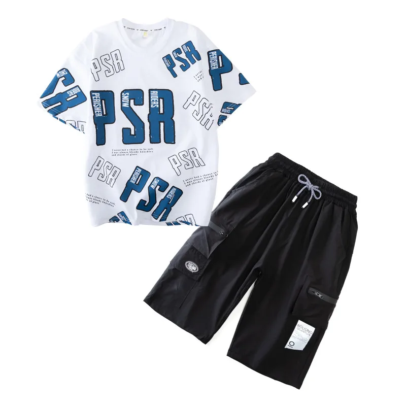 Summer Beach Boy Clothes Set 2pcs Casual Outfit Kids Cargo Pants+ Letter Print Pullover T-shirt Top Children Tracksuit Teen Suit