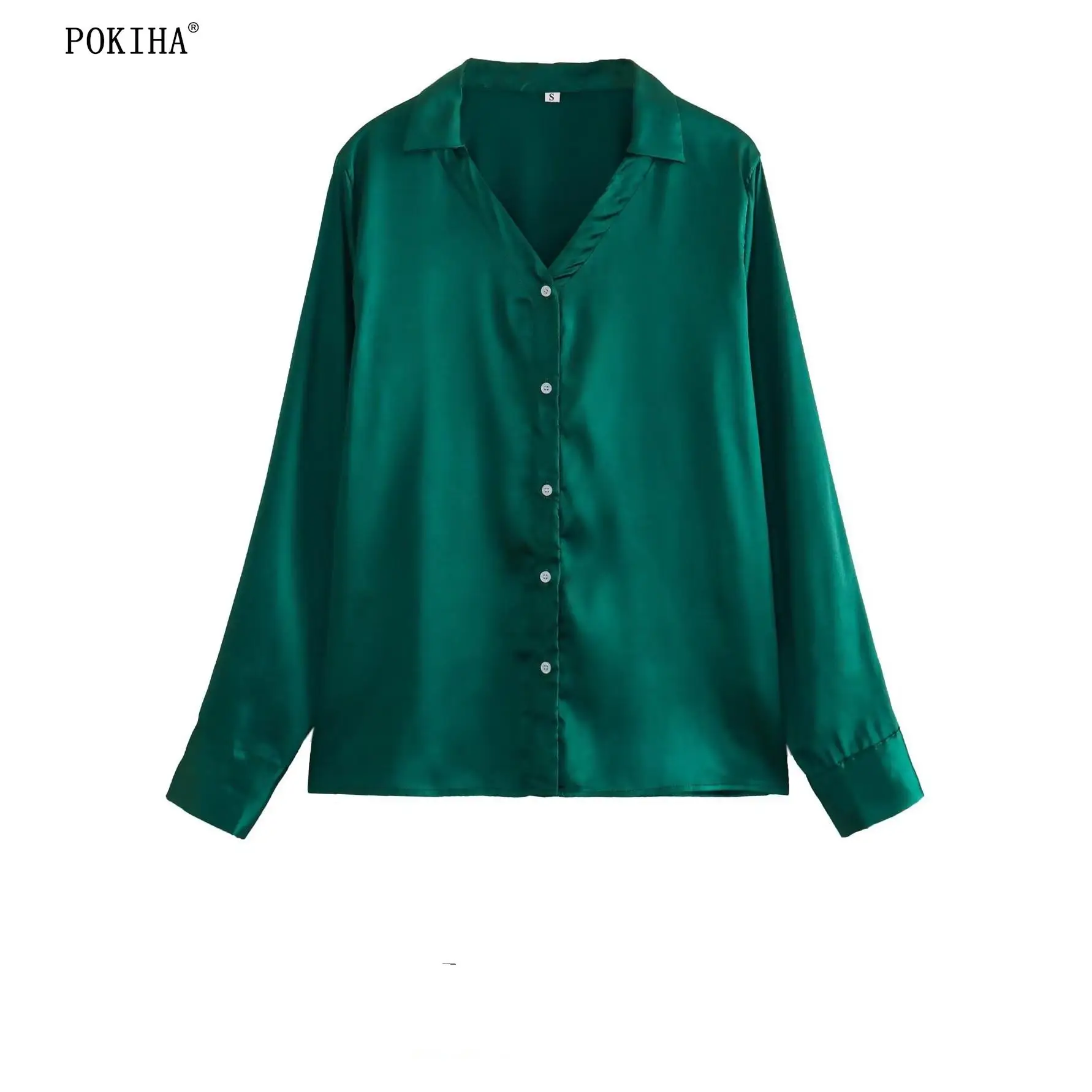 

Pokiha Fashion Turn-down Collar Long Sleeve Blouse Vintage Green Loose Single Breasted Breathable Shirt Office Lady Chic Chemise