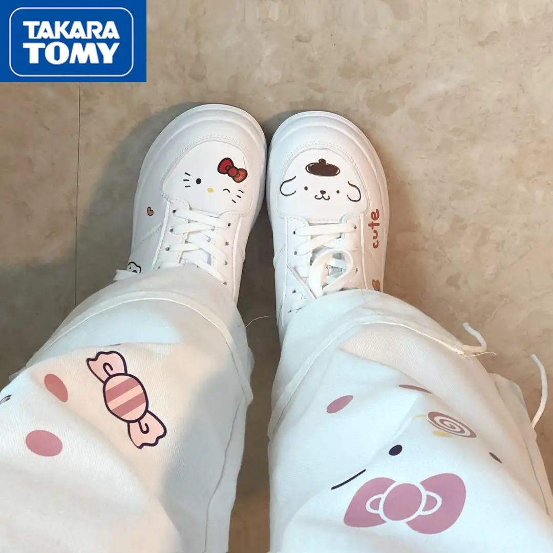 

Кроссовки с круглым носком для школьниц Takara Tomy Hello Kitty, повседневная обувь с принтом, простая белая обувь, Нескользящие универсальные кроссо...