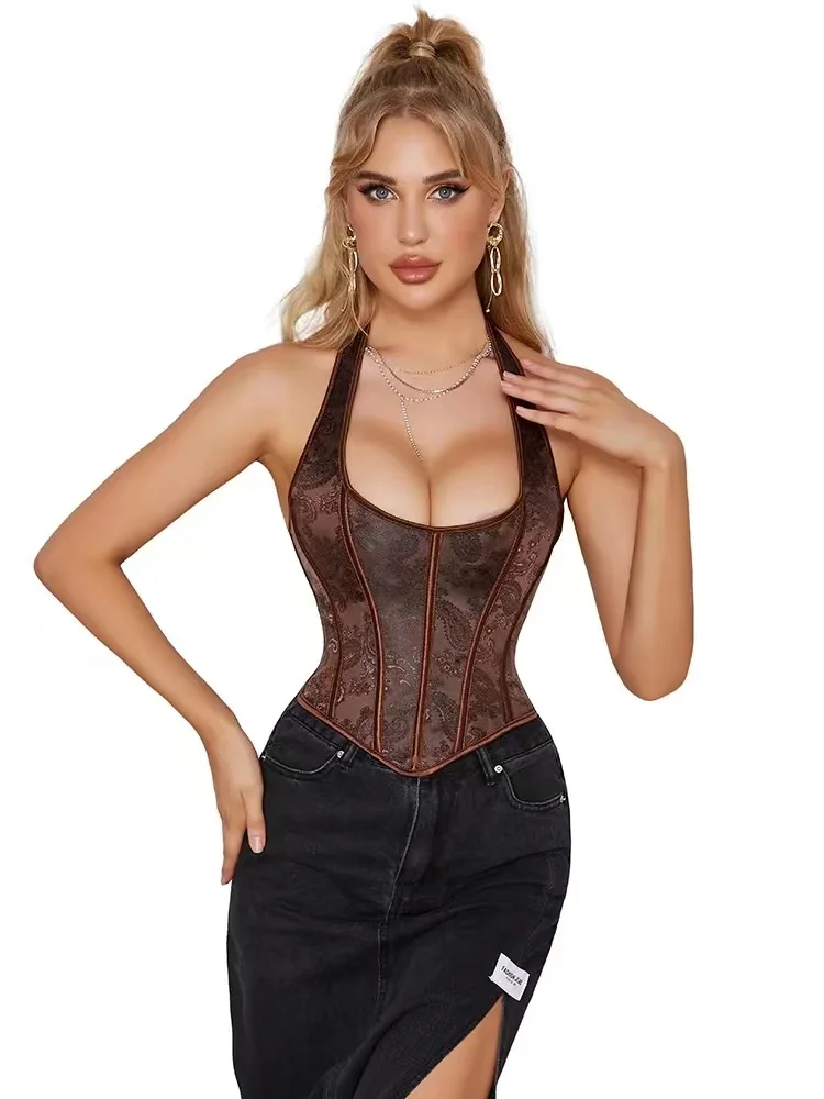 

New Style Palace Girdle Back Waistband Drawcord Adjustable Retro Medieval Coffee Neck Seamless Corsets Vintage Corset Top