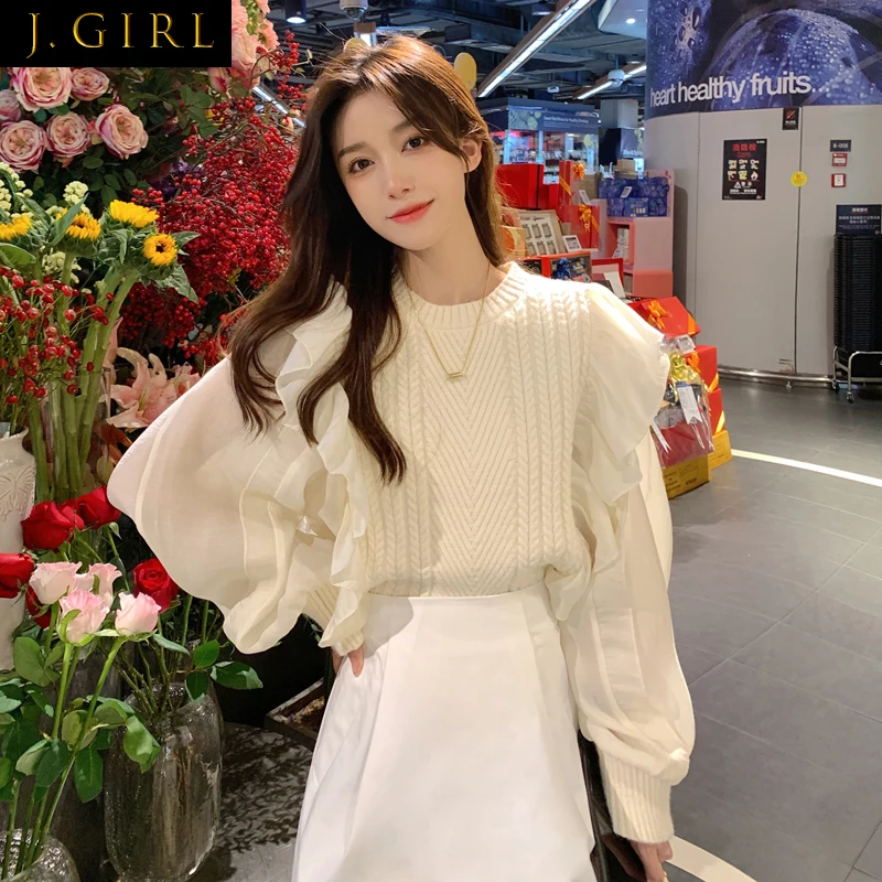 

Pullovers Women Patchwork Ruffles Design Korean Style Tender Spring Holiday Chic Female Retro Fake Two Pieces Ins Soft Clothing