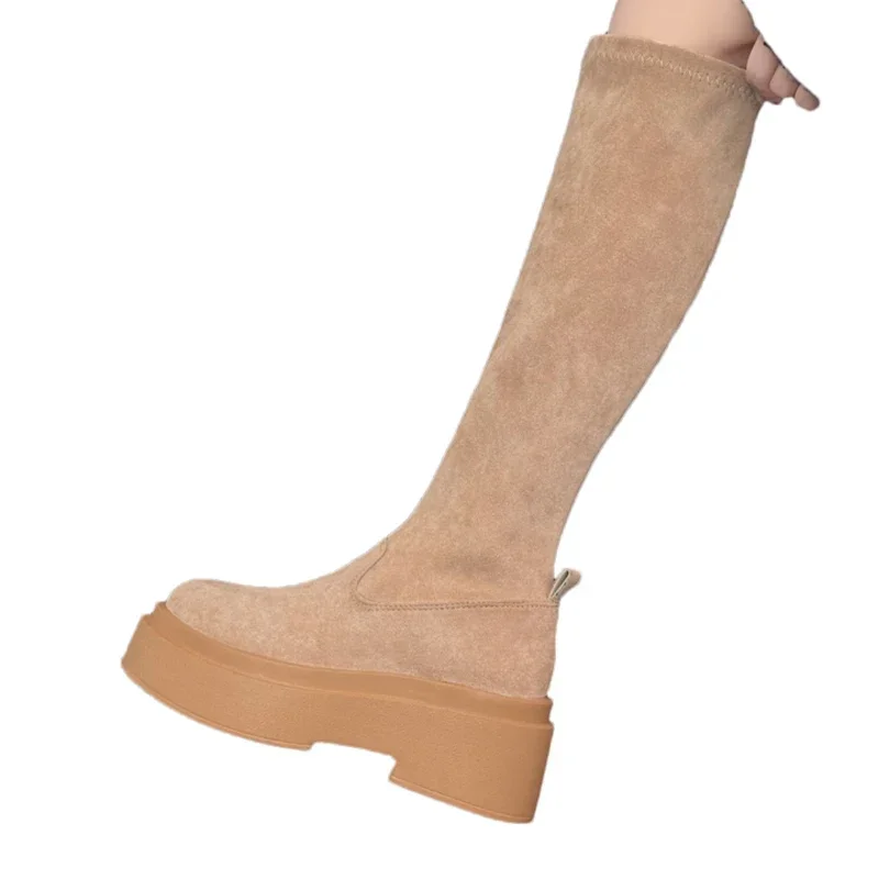 Женские замшевые высокие сапоги на платформе Сапоги выше колена высоком каблуке