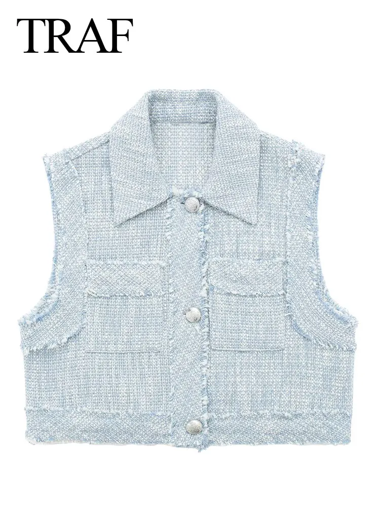 

TRAF Tops For Women 2023 Blue Jersey Sleeveless Turn Down Collar With Pocket Raw Edge American Retro Chic Mujer Mini Vests