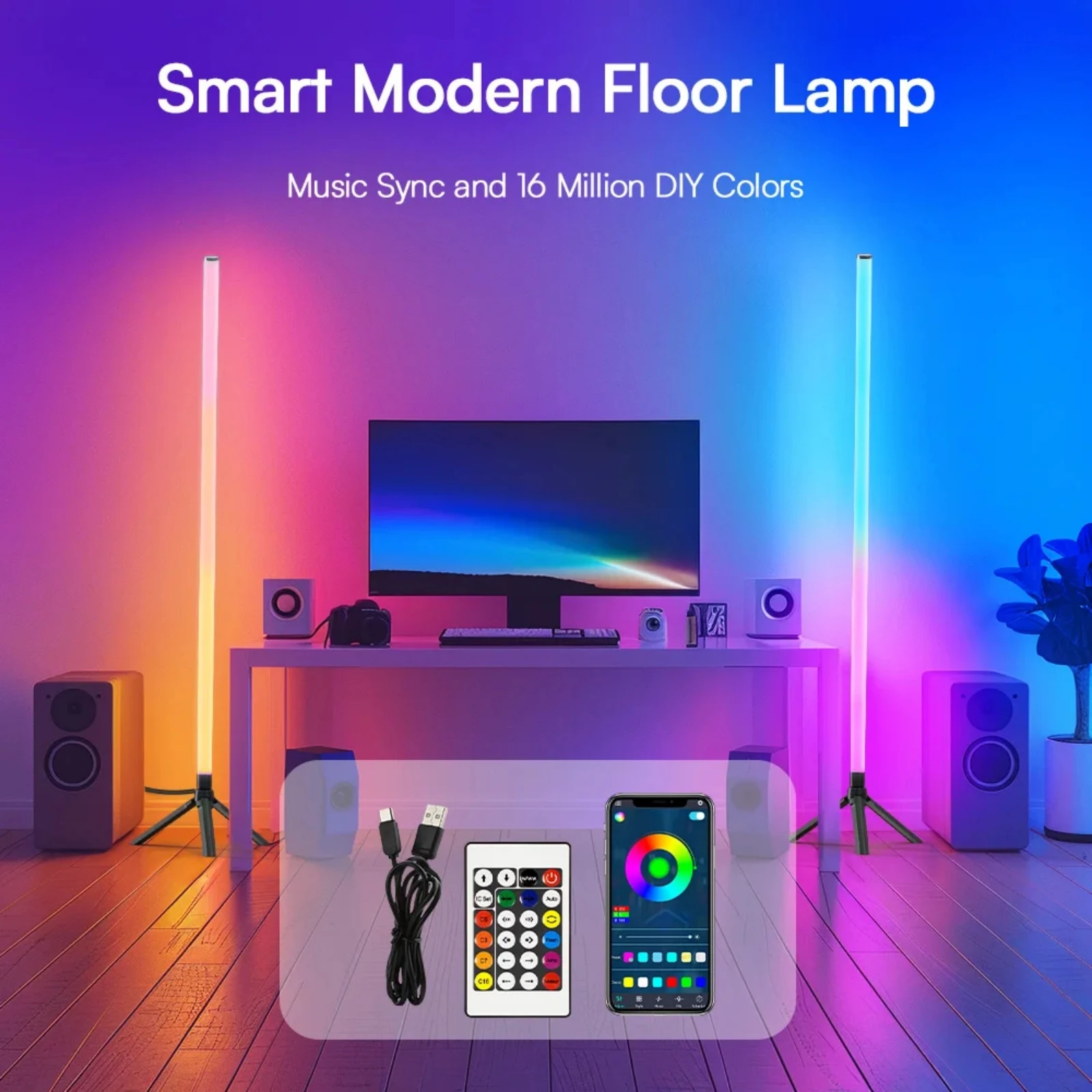 Фото 360 °   Торшер с регулируемой яркостью, 103 см, RGB USB-подсветка для игр, гостиной, спальни, угловой светильник с приложением Bluetooth и пультом дистанционного управления №1