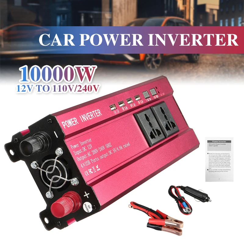 

10000W Peak Car Solar Power Inverter DC 12V To AC 110V/240V Modified Sine Wave Converter LCD Display 4 USB Voltage Transformer