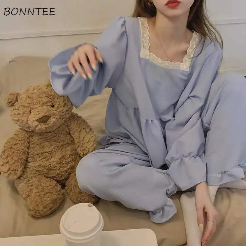 

Pajama Sets Woman Solid Lace Sweet Casual Home Warm Bedroom Cute Korean Fashion Ladies Cozy Ruffles New Spring Square Collar Ins