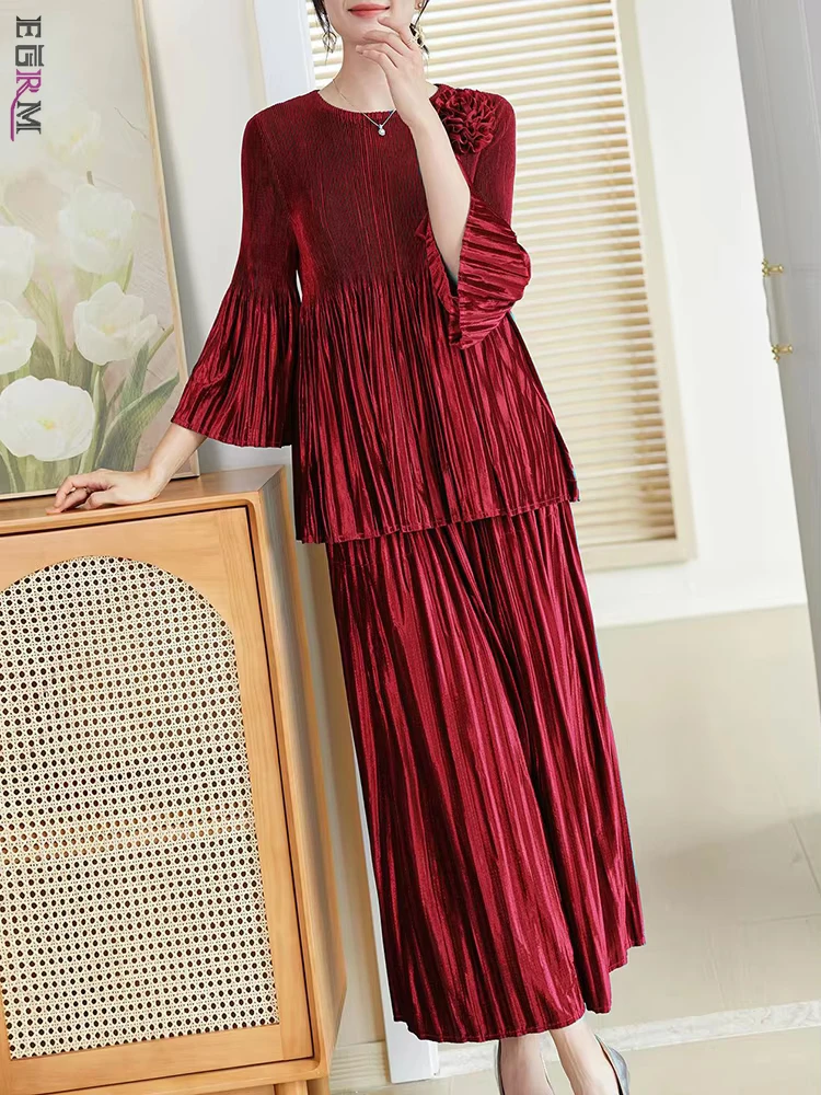 EGRM вечерние плиссированные брюки с 3D цветами комплект женской футболки