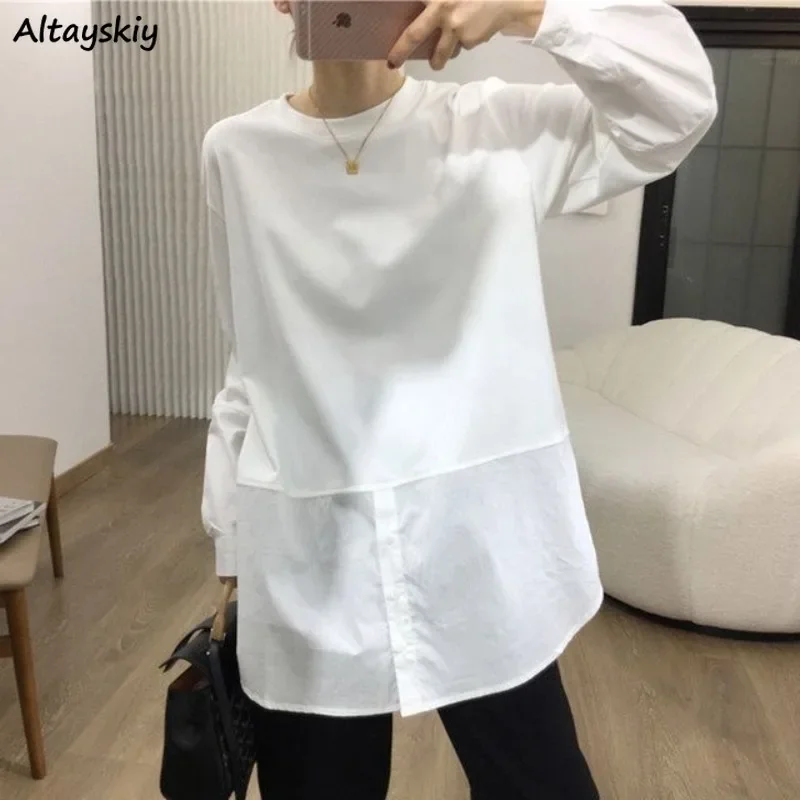 Белые футболки женские в стиле пэчворк весна осень свободные с длинным рукавом
