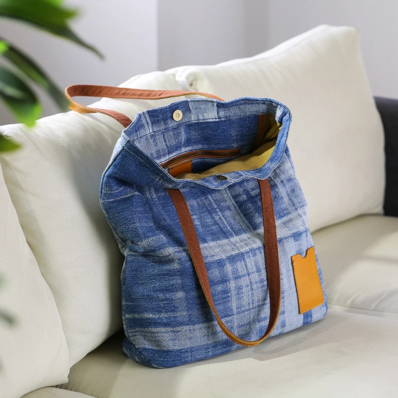 Jeans Unisex New Denim Canvas Genuine Leather Handmade Men's And Women's Shoulder Bag Large Capacity Literary Handbag Tote Bag