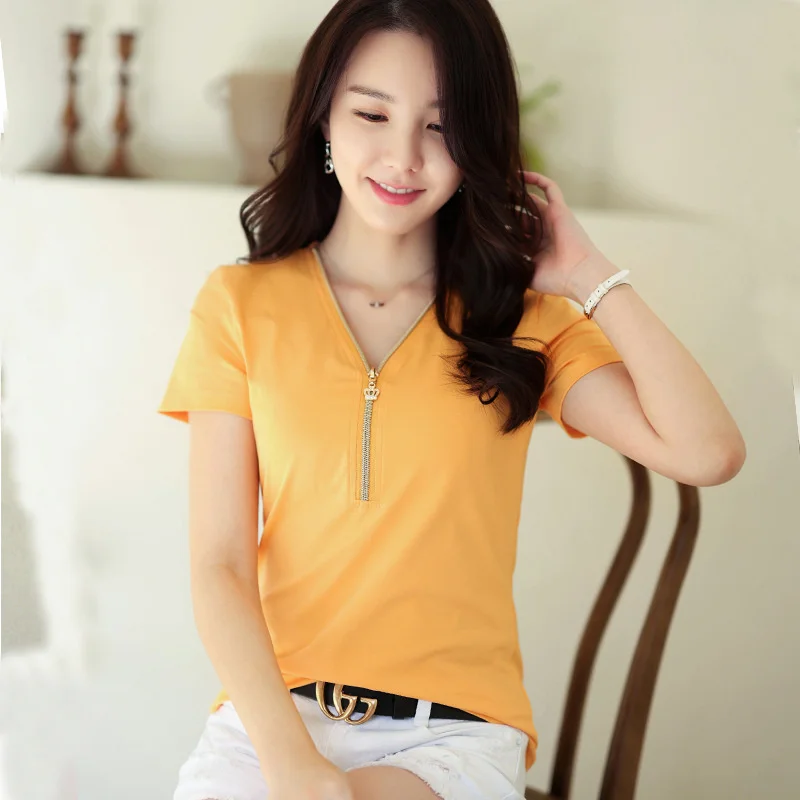 

2022 medium and high end T-shirt women's quality top Korean zipper pure cotton versatile Korean fashion bottom shirt 7310