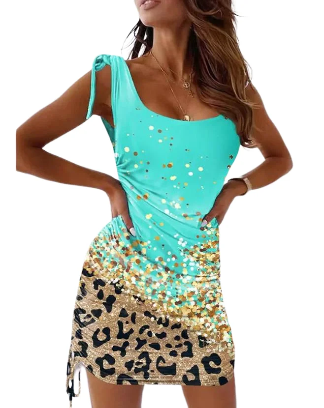 

Women's Dresses 2023 New Contrast Leopard Print Tie Details Pleated Casual Dress U Neck Thick Shoulder Straps Mini Summer Dress