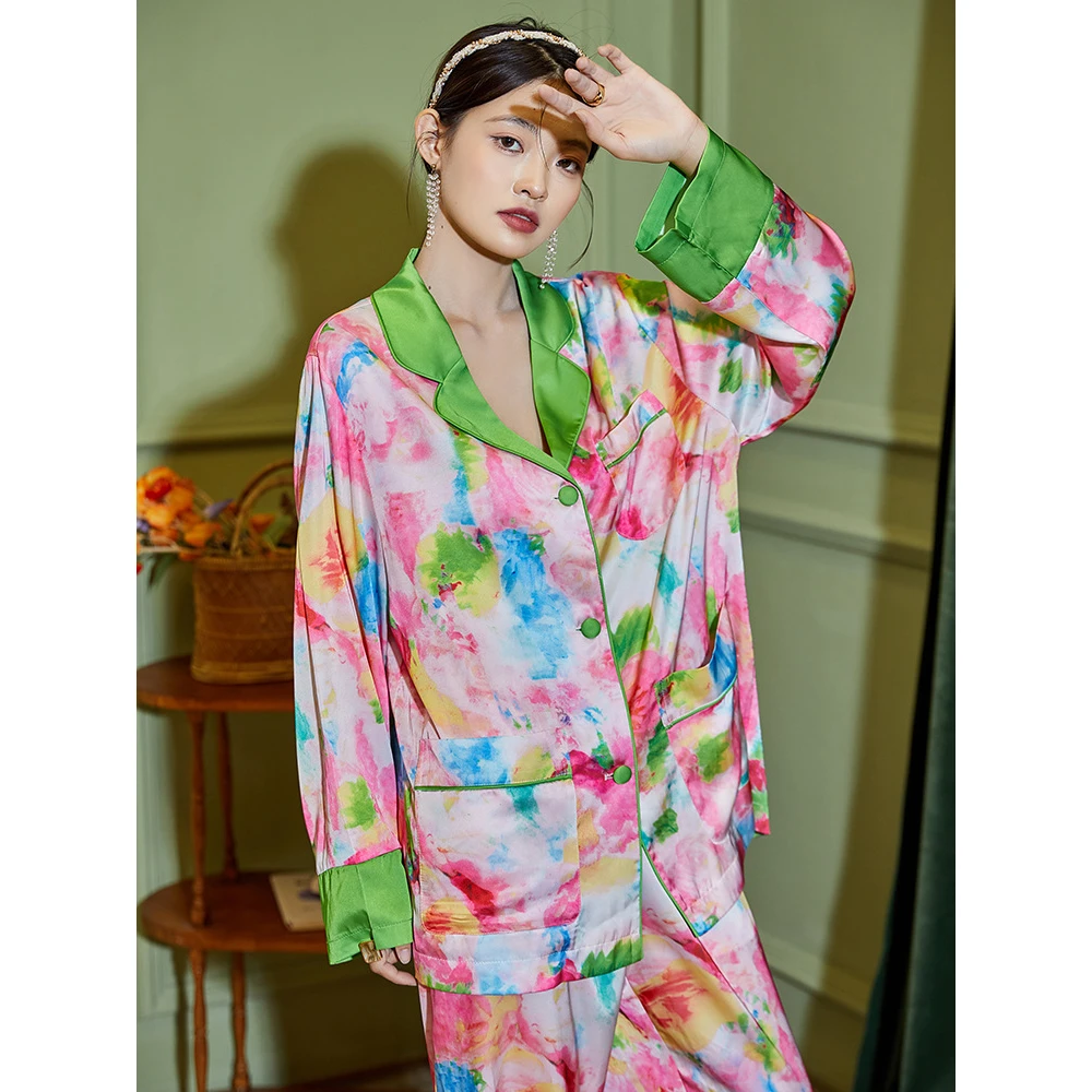 Maison Gabrielle 2022 Summer Floral Abstract Printed Pajamas Set Loungewear Sleepwear for Women 2 Pieces Long Sleeve Silky Satin