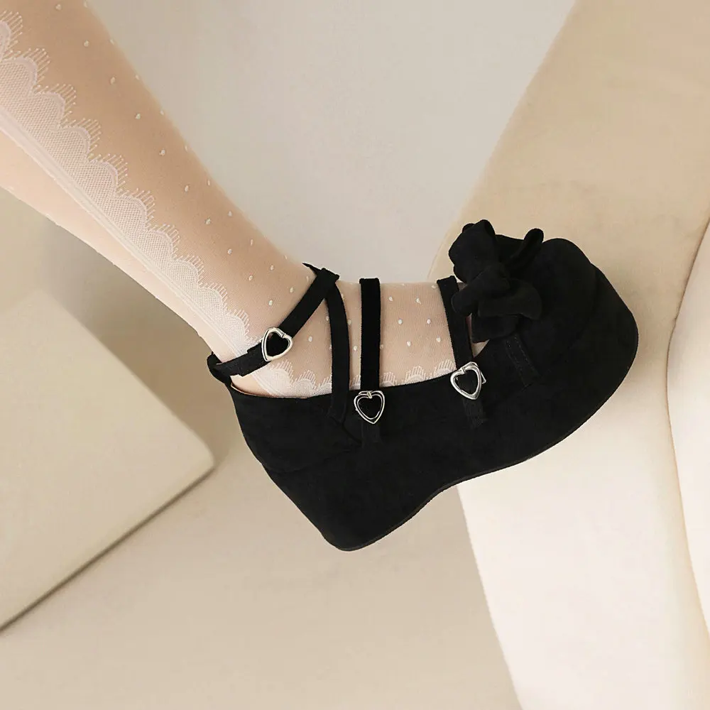 Four Season Thick Sole Suede Texture Leather Loli Women's Shoes Elegant Sweet Bow Girls JK Uniform Princess Cosplay Party Pumps