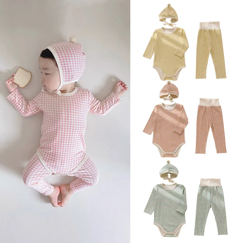 66-90cm Fall Winter Baby Cotton Romper Baby 3pieces Underwear Suit Long Sleeve Long Trousers with Hat Checkered Pattern