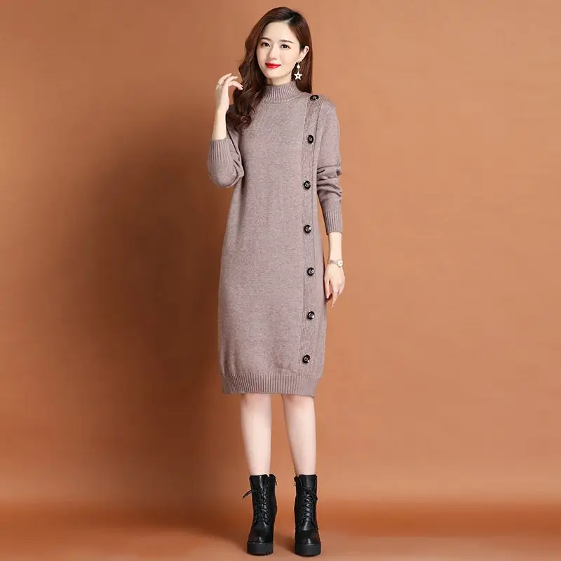 Mid length knitted woolen dress over the knee sweater 2023 Autumn/Winter new half high collar slim bottomed straight tube dress