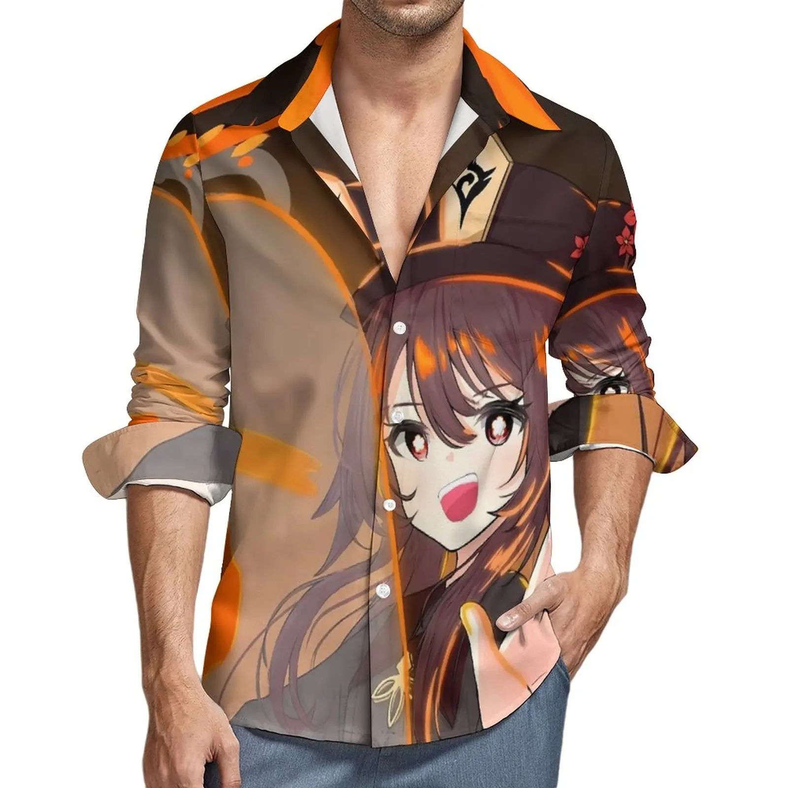

Genshin Impact Casual Shirts Man Hu Tao Anime Shirt Long Sleeve Cool Funny Blouses Autumn Graphic Tops Big Size