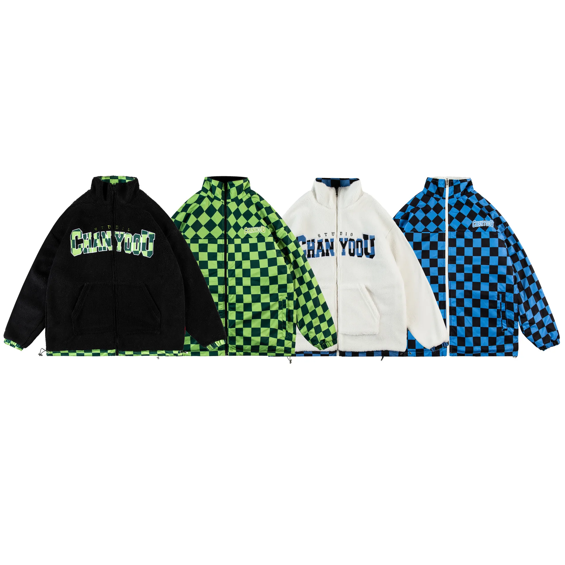 American hiphop double-sided checkerboard cotton clothing men's and women's winter national tide thickened lamb velvet jacket