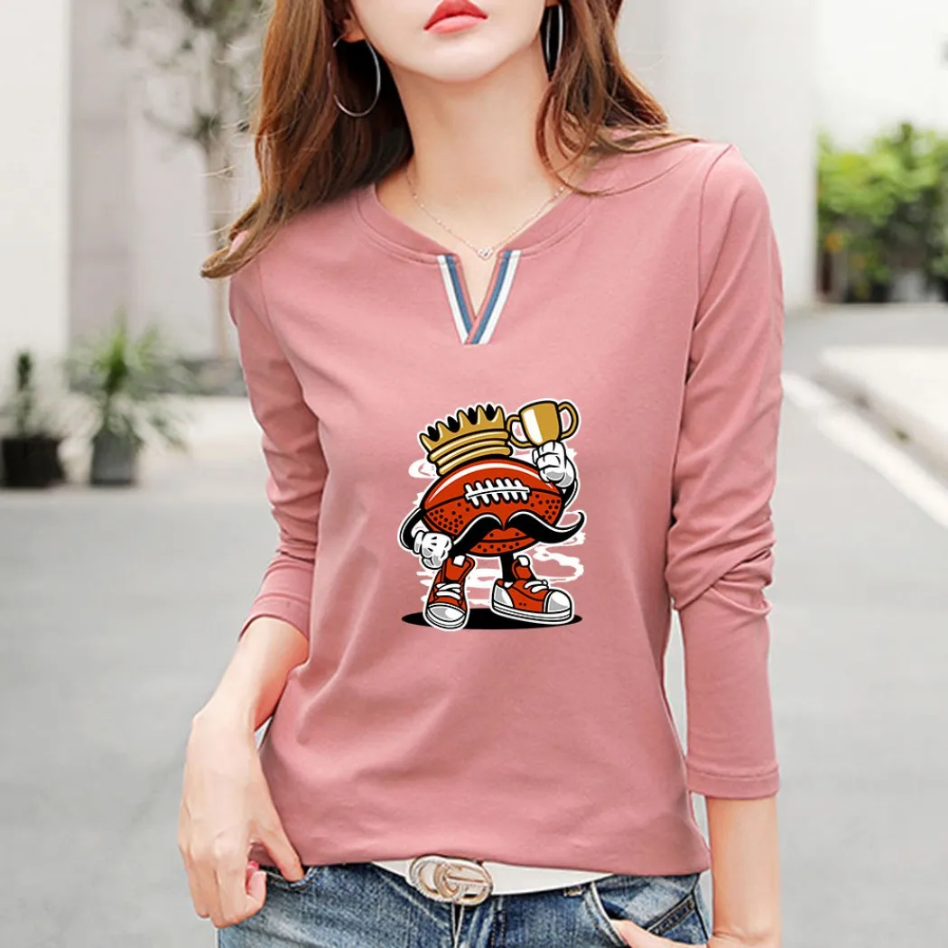 

Новинка 2023, футболка из 100% хлопка с V-образным вырезом, Женская Осенняя Модная рубашка с длинным рукавом, женская футболка, свободные женские...