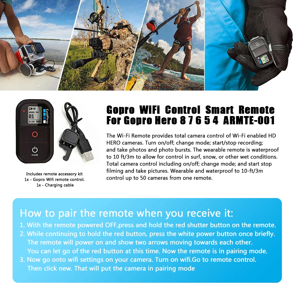 Фото GoPro Bluetooth Wi-Fi умный водонепроницаемый пульт дистанционного управления для Hero 8 7 6 5 4 3, черный экшн-камера, оригинальный официальный аксессуар №3