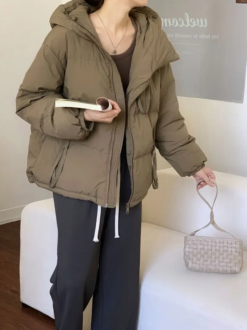 2023 New Winter Women White Duck Down Coat Casual Thickening Jacket Female Short Hooded Warm Down Outwear Tops Pockets M58