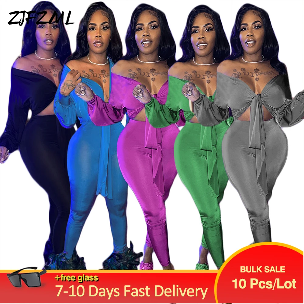 

Bulk Wholesale Items Lots Hipster Women's Sweatsuits Spring 2022 Off The Shoulder Full Sleeve Crop Top & Sheath Stretchy Trouser