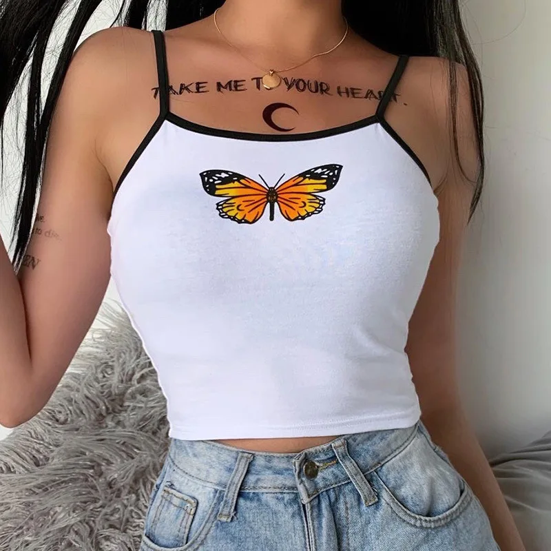 

Sexy Butterfly Print White Crop Tops Woman Contrast Backless Slim Tank Tops Clubwear Party Harajuku Sweet Girl Camisole Summer