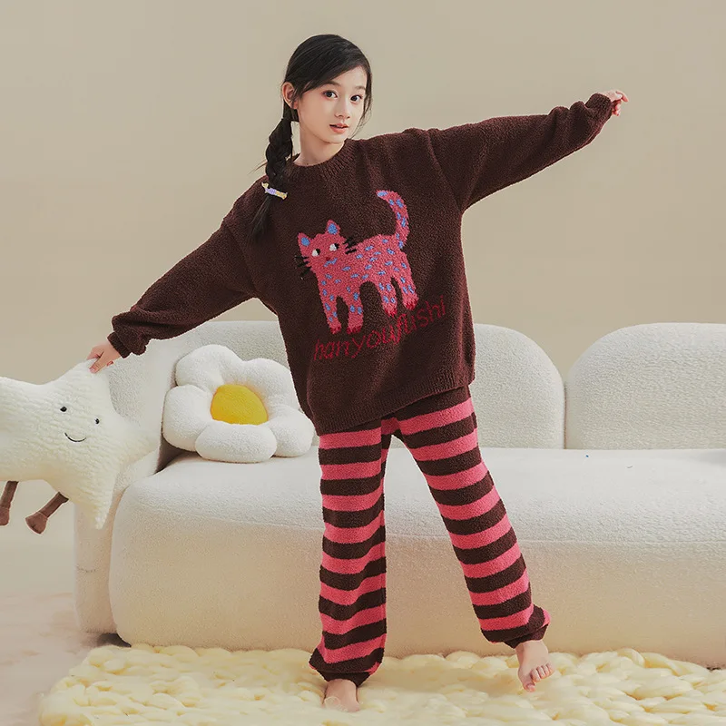 ZOETOP 2024 зимняя детская одежда для сна девочек школьная с мультяшным котом теплые