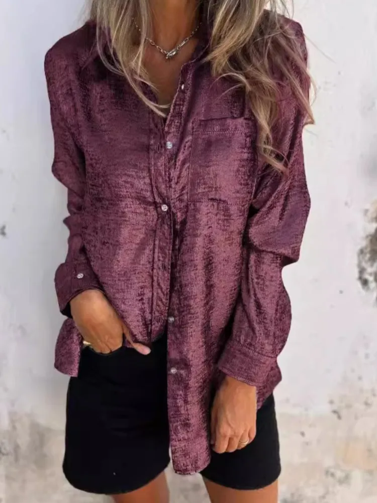 Весна-лето женская блестящая золотая модная блузка с длинными рукавами