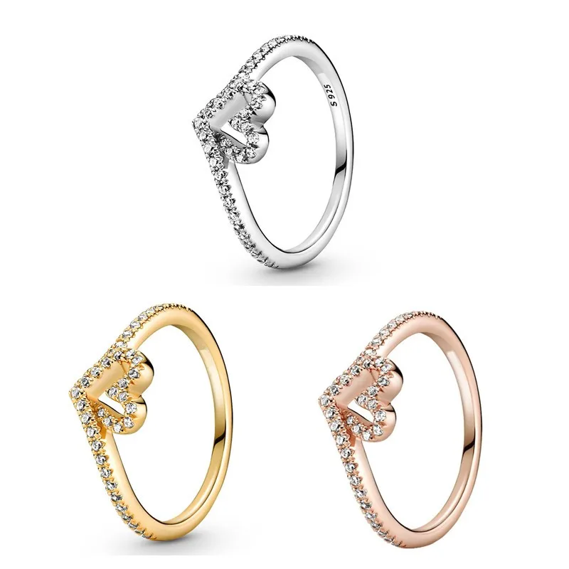 

Original Wish Sparkling Wishbone Heart Ring For Women 925 Sterling Silver Wedding Gift Fashion Jewelry