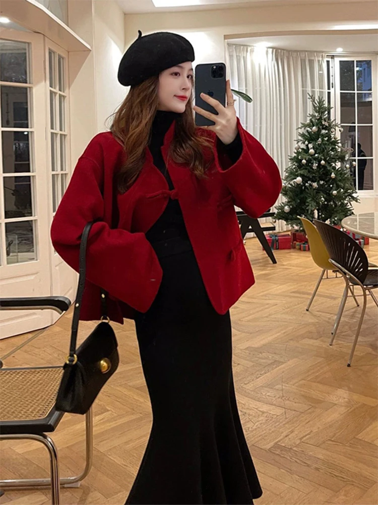 New Chinese Sle National Red Dress Children 2024 Graceful Wear Deep Autumn and Winter Clothing Matching A Complet...