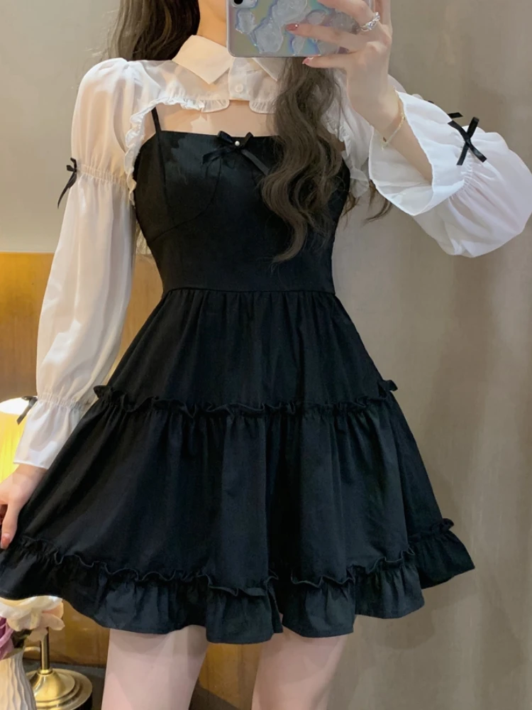 

Japanese Sweet Lolita Princess Dress Women Bow Ruffles Black Kawai Party Mini Dresses Female Korean Fashion Vestidos Autumn