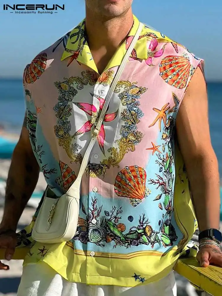 Fashion Casual Style New Men Hawaii Holiday Blouse Party Nightclub Style Sleeveless Tops Printed Buttons Up Shirt S-5XL INCERUN
